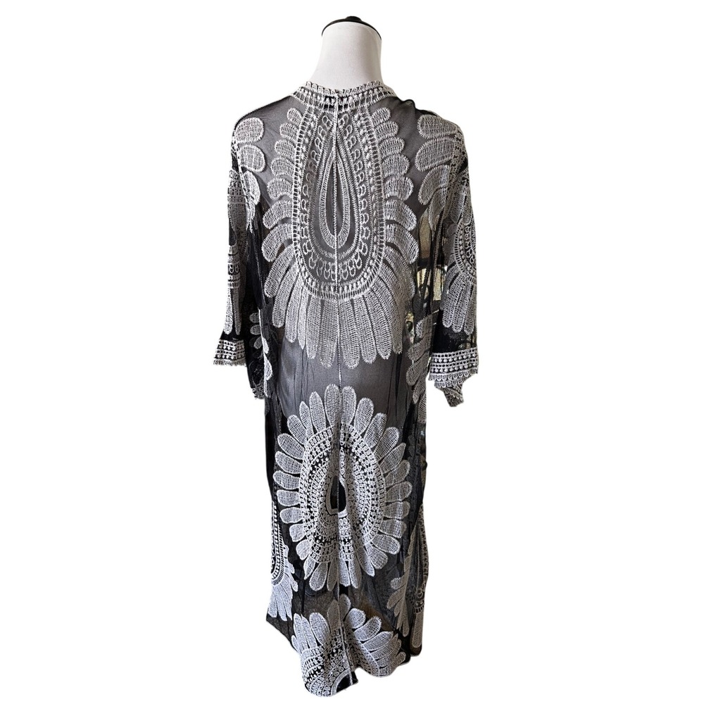 Asha Black White Embroidered Sheer Mesh Duster Kimono Longline Cardigan Tie O/S - Picture 2 of 4